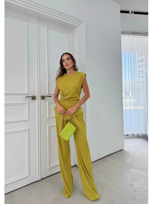 AKSESUAR DETAY BLUZ VE PANTOLONLU GOFRE İKİLİ TAKIM YEŞİLL