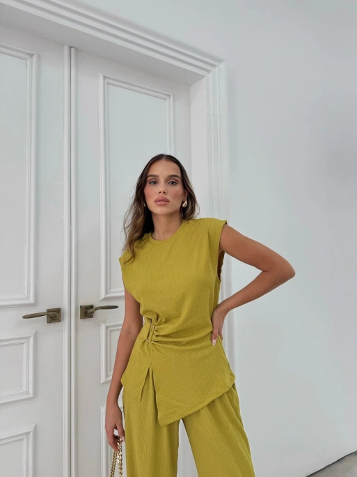 AKSESUAR DETAY BLUZ VE PANTOLONLU GOFRE İKİLİ TAKIM YEŞİLL