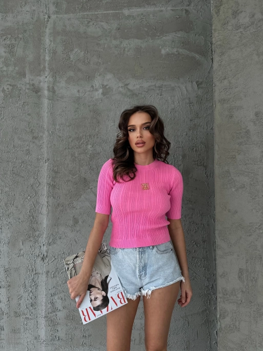 AKSESUAR DETAY CROP TRİKO BLUZ PEMBE