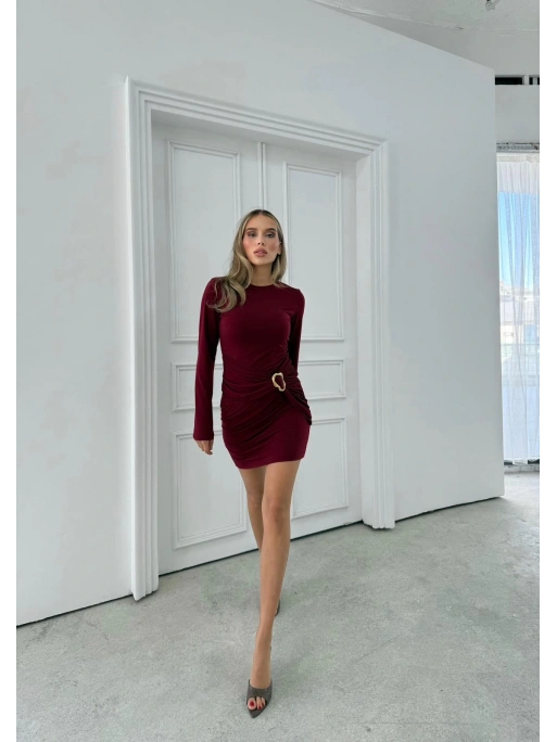 AKSESUAR DETAY DRAPELİ SANDY ELBİSE BORDO