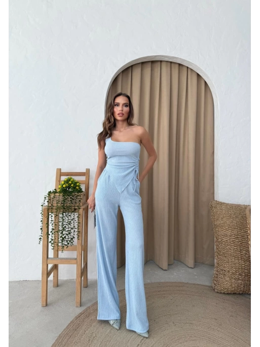 AKSESUAR DETAY YAN BÜZGÜLÜ BLUZ VE PANTOLONLU GOFRE İKİLİ TAKIM MAVİ