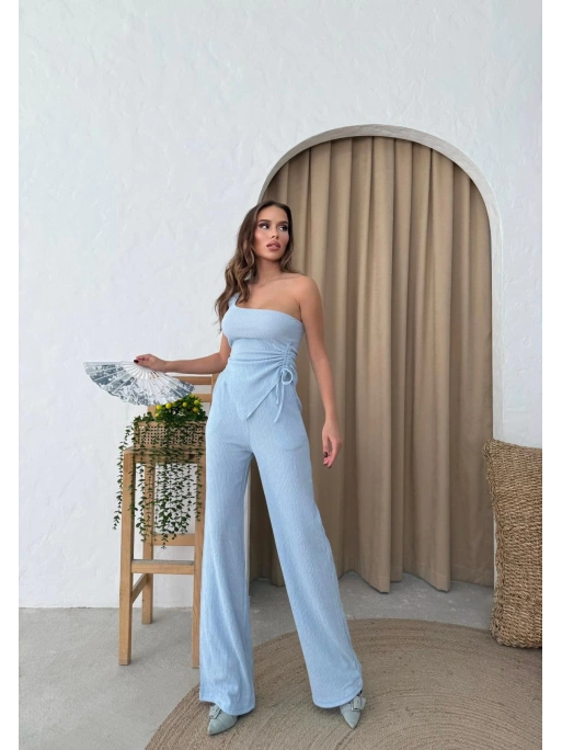 AKSESUAR DETAY YAN BÜZGÜLÜ BLUZ VE PANTOLONLU GOFRE İKİLİ TAKIM MAVİ