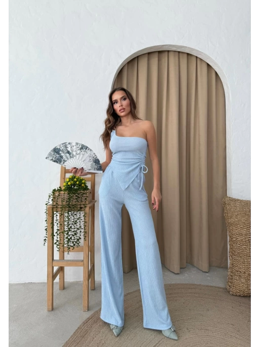AKSESUAR DETAY YAN BÜZGÜLÜ BLUZ VE PANTOLONLU GOFRE İKİLİ TAKIM MAVİ