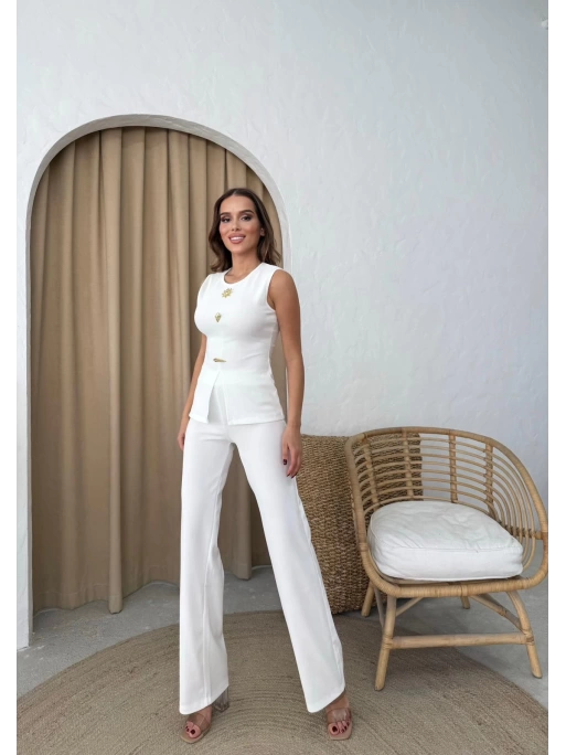 AKSESUAR DETAY YELEK VE PANTOLONLU OTTOMAN İKİLİ TAKIM BEYAZ