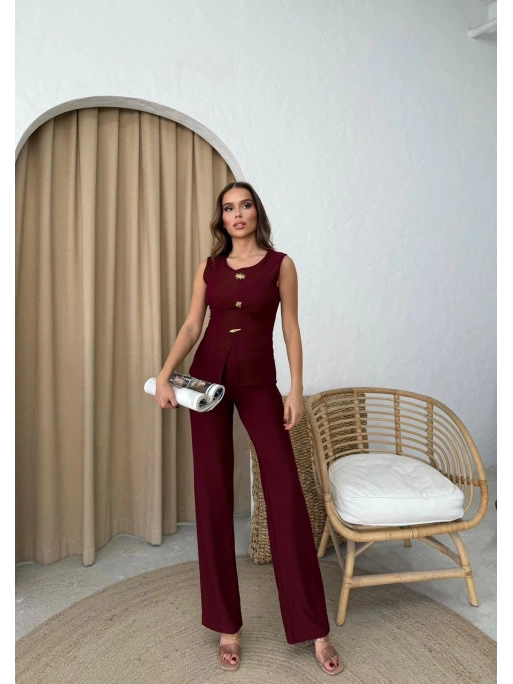 AKSESUAR DETAY YELEK VE PANTOLONLU OTTOMAN İKİLİ TAKIM BORDO