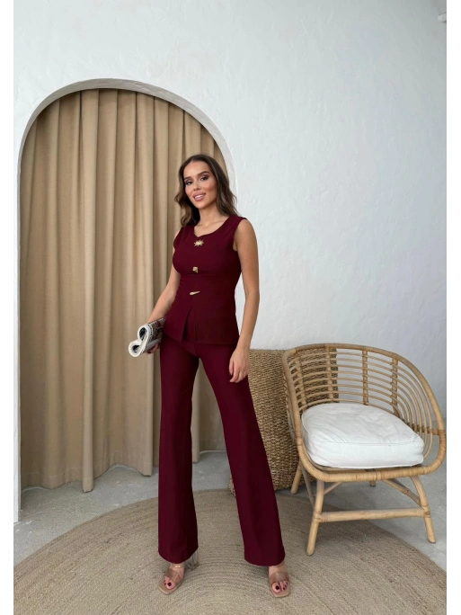 AKSESUAR DETAY YELEK VE PANTOLONLU OTTOMAN İKİLİ TAKIM BORDO