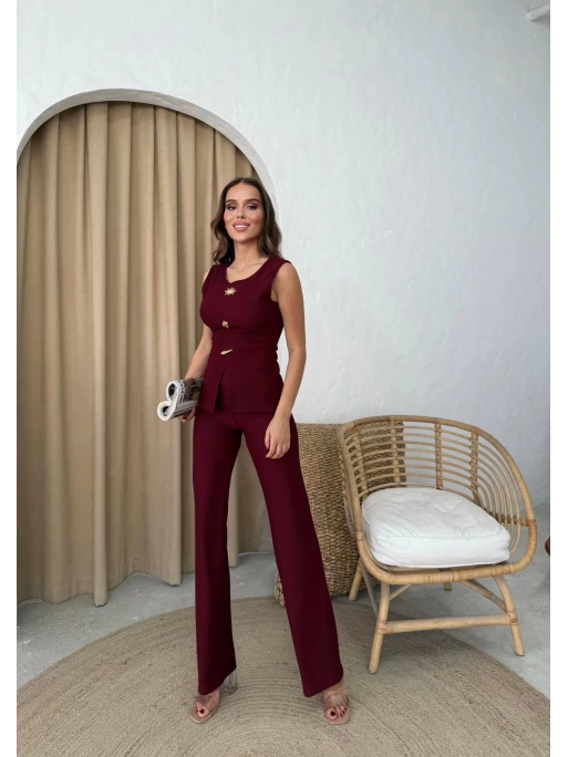 AKSESUAR DETAY YELEK VE PANTOLONLU OTTOMAN İKİLİ TAKIM BORDO