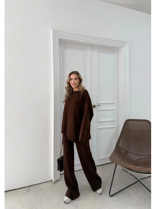 ASİMETRİK DETAY KAZAK VE PANTOLONLU TRİKO İKİLİ TAKIM KAHVE RY-8010