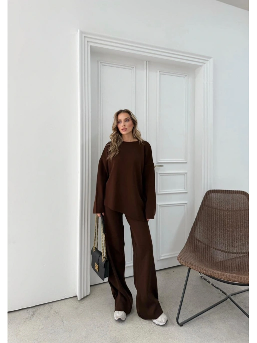 ASİMETRİK DETAY KAZAK VE PANTOLONLU TRİKO İKİLİ TAKIM KAHVE RY-8010