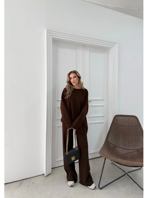 ASİMETRİK DETAY KAZAK VE PANTOLONLU TRİKO İKİLİ TAKIM KAHVE RY-8010