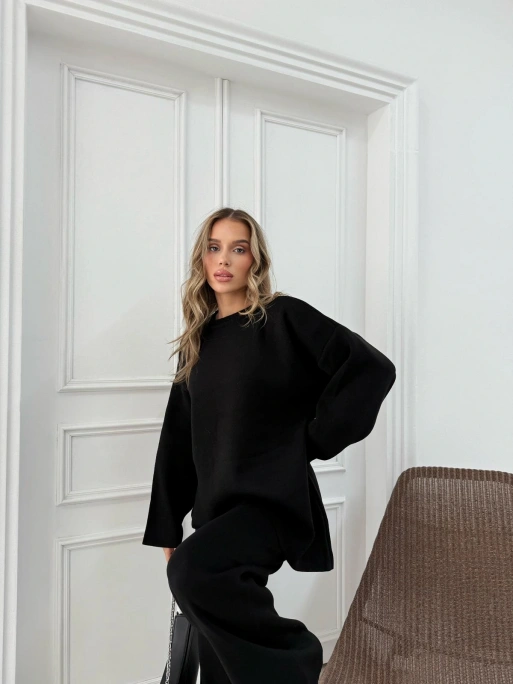 ASİMETRİK DETAY KAZAK VE PANTOLONLU TRİKO İKİLİ TAKIM SİYAH RY-8010