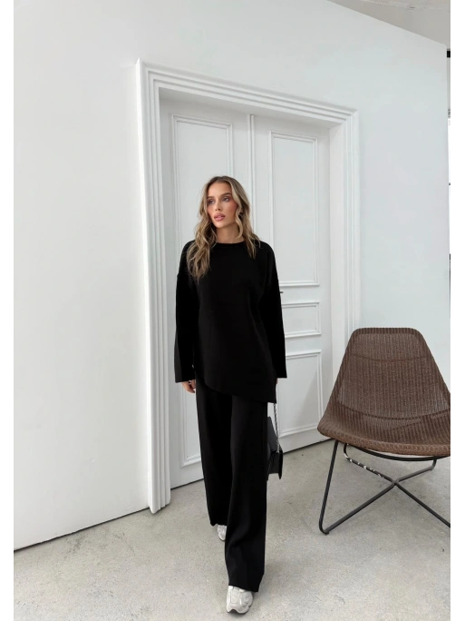 ASİMETRİK DETAY KAZAK VE PANTOLONLU TRİKO İKİLİ TAKIM SİYAH RY-8010