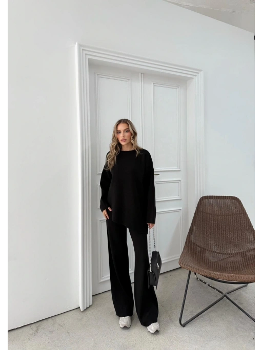 ASİMETRİK DETAY KAZAK VE PANTOLONLU TRİKO İKİLİ TAKIM SİYAH RY-8010