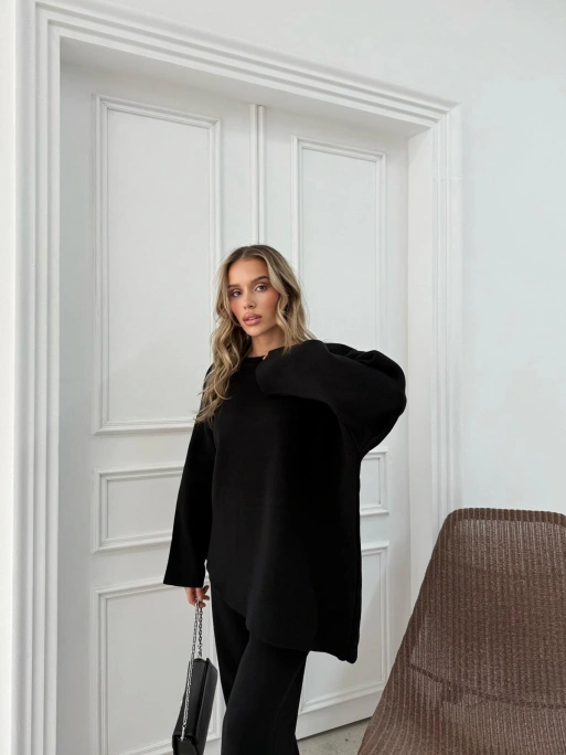 ASİMETRİK DETAY KAZAK VE PANTOLONLU TRİKO İKİLİ TAKIM SİYAH RY-8010