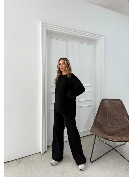 ASİMETRİK DETAY KAZAK VE PANTOLONLU TRİKO İKİLİ TAKIM SİYAH RY-8010