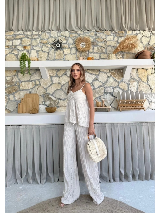ASKI TERS DİKİŞ DETAY BLUZ VE PANTOLON GÖFRE İKİLİ TAKIM KREM