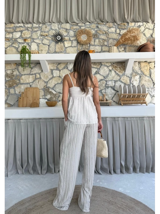ASKI TERS DİKİŞ DETAY BLUZ VE PANTOLON GÖFRE İKİLİ TAKIM KREM