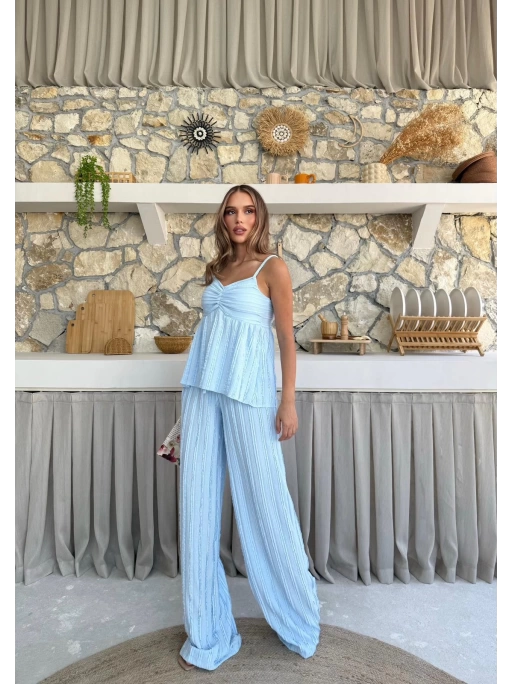 ASKI TERS DİKİŞ DETAY BLUZ VE PANTOLON GÖFRE İKİLİ TAKIM MAVİ