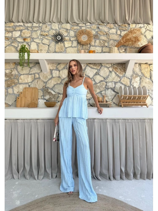 ASKI TERS DİKİŞ DETAY BLUZ VE PANTOLON GÖFRE İKİLİ TAKIM MAVİ