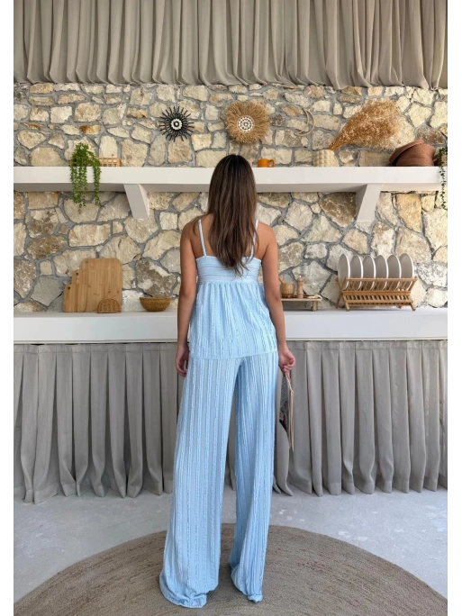 ASKI TERS DİKİŞ DETAY BLUZ VE PANTOLON GÖFRE İKİLİ TAKIM MAVİ