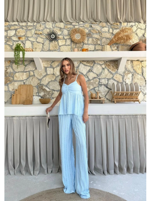 ASKI TERS DİKİŞ DETAY BLUZ VE PANTOLON GÖFRE İKİLİ TAKIM MAVİ