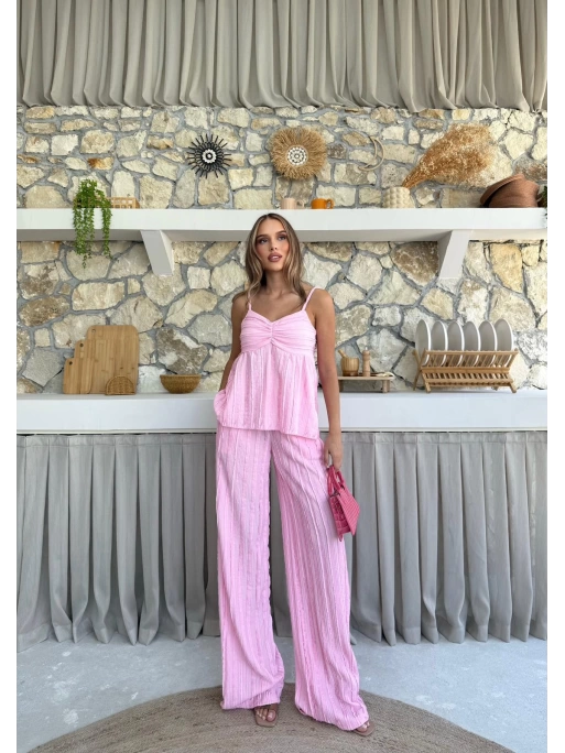 ASKI TERS DİKİŞ DETAY BLUZ VE PANTOLON GÖFRE İKİLİ TAKIM PEMBE