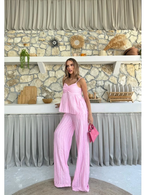 ASKI TERS DİKİŞ DETAY BLUZ VE PANTOLON GÖFRE İKİLİ TAKIM PEMBE