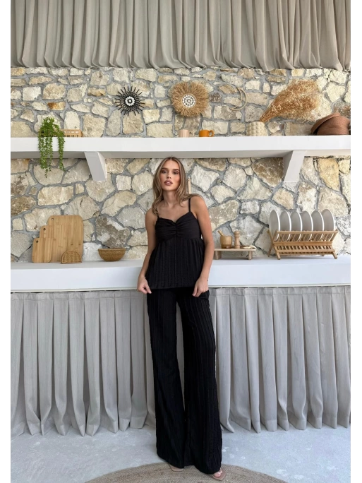 ASKI TERS DİKİŞ DETAY BLUZ VE PANTOLON GÖFRE İKİLİ TAKIM SİYAH