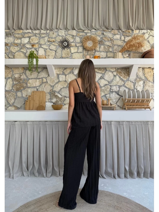 ASKI TERS DİKİŞ DETAY BLUZ VE PANTOLON GÖFRE İKİLİ TAKIM SİYAH