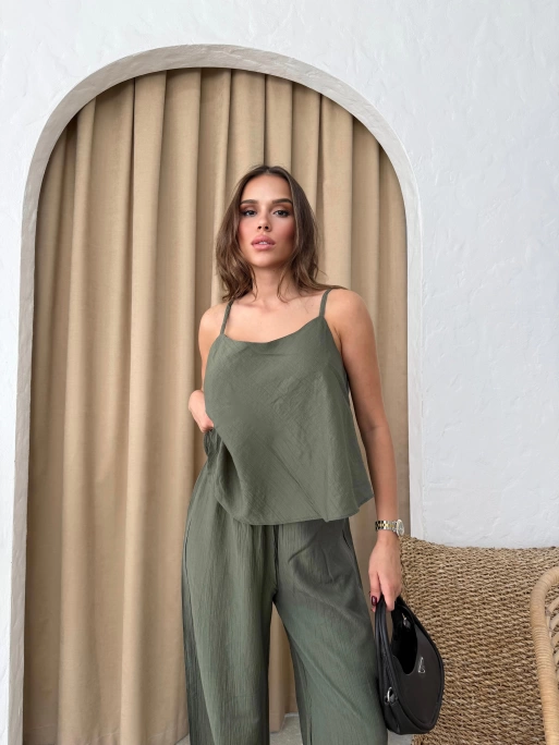 ASKILI BLUZ VE PANTOLONLU ÇİLEK İKİLİ TAKIM HAKİ