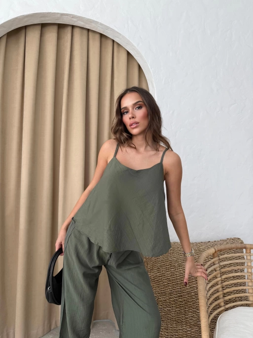ASKILI BLUZ VE PANTOLONLU ÇİLEK İKİLİ TAKIM HAKİ