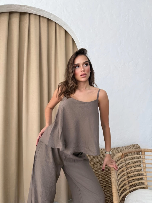 ASKILI BLUZ VE PANTOLONLU ÇİLEK İKİLİ TAKIM KAHVE