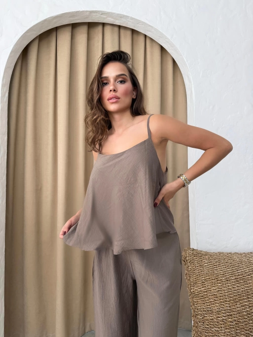 ASKILI BLUZ VE PANTOLONLU ÇİLEK İKİLİ TAKIM KAHVE