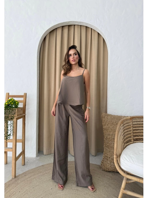 ASKILI BLUZ VE PANTOLONLU ÇİLEK İKİLİ TAKIM KAHVE