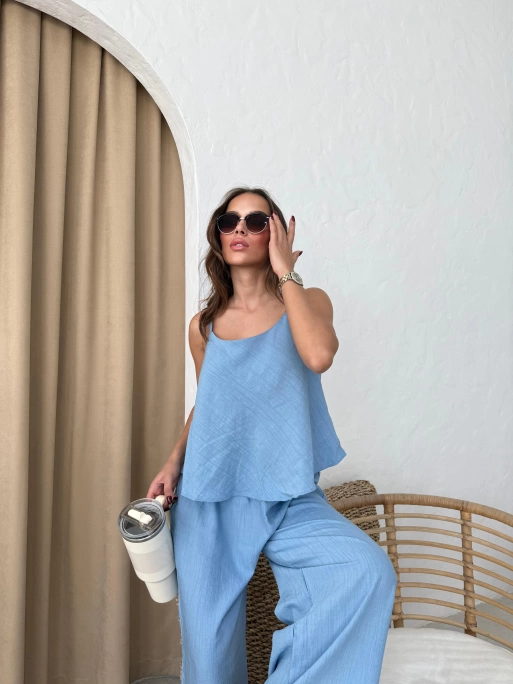 ASKILI BLUZ VE PANTOLONLU ÇİLEK İKİLİ TAKIM MAVİ
