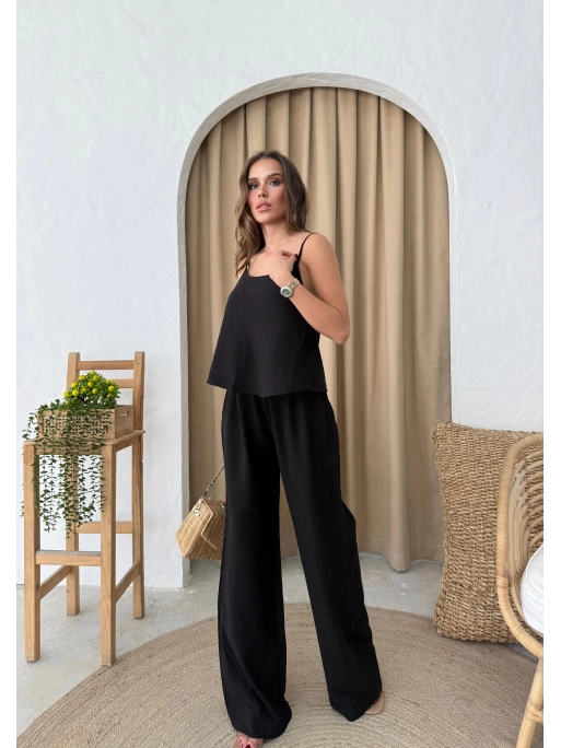 ASKILI BLUZ VE PANTOLONLU ÇİLEK İKİLİ TAKIM SİYAH