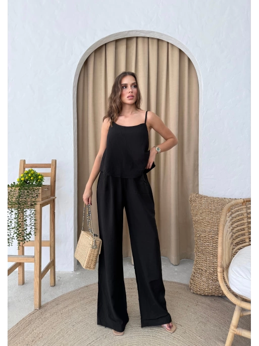 ASKILI BLUZ VE PANTOLONLU ÇİLEK İKİLİ TAKIM SİYAH