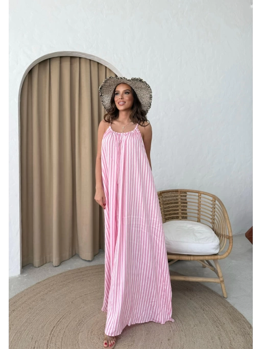 ASKILI ÇİZGİLİ UZUN KETEN ELBİSE PEMBE