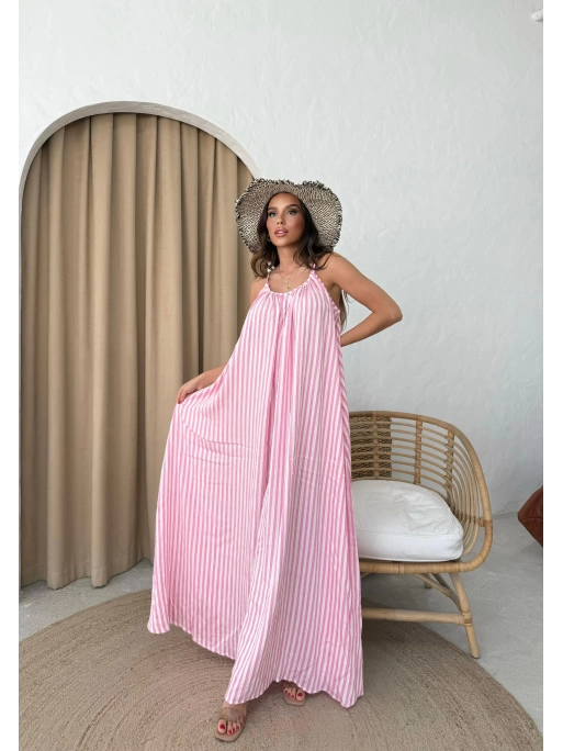 ASKILI ÇİZGİLİ UZUN KETEN ELBİSE PEMBE