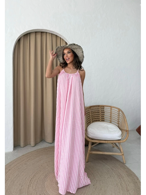 ASKILI ÇİZGİLİ UZUN KETEN ELBİSE PEMBE