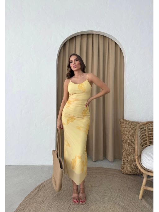 ASKILI DESENLİ TÜL ASTARLI ELBİSE SARI