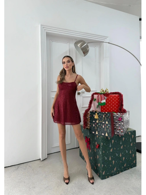 ASKILI PAYETLİ MİNİ ELBİSE BORDO