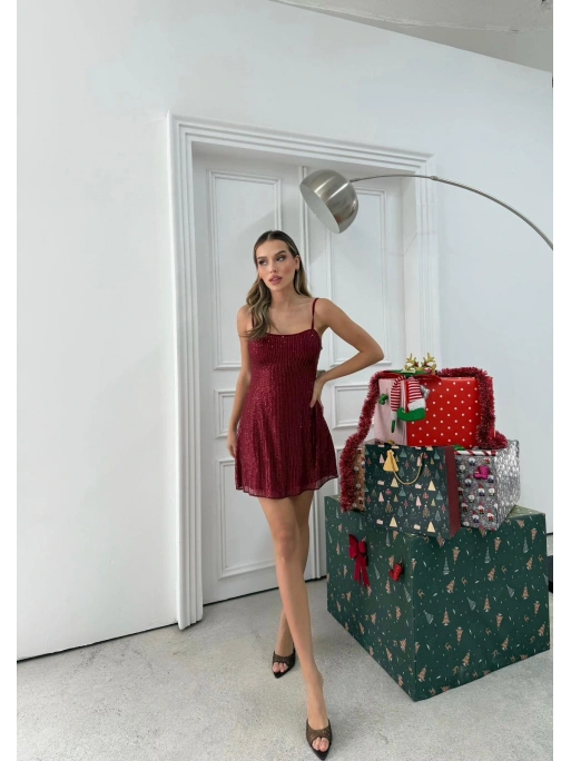 ASKILI PAYETLİ MİNİ ELBİSE BORDO