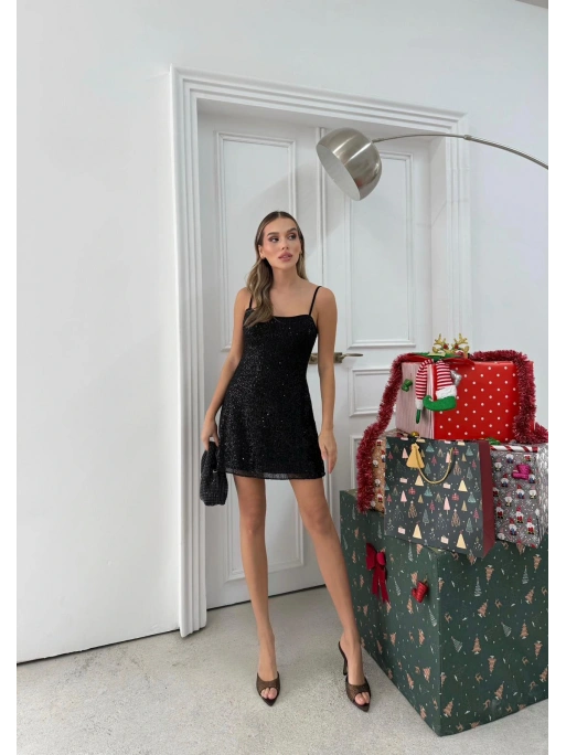 ASKILI PAYETLİ MİNİ ELBİSE SİYAH