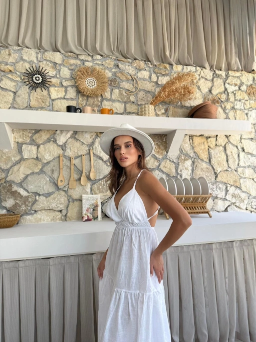 ASKILI SIRT DEKOLTE DETAY UZUN KETEN ELBİSE BEYAZ