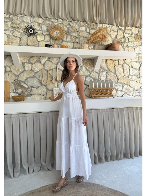 ASKILI SIRT DEKOLTE DETAY UZUN KETEN ELBİSE BEYAZ