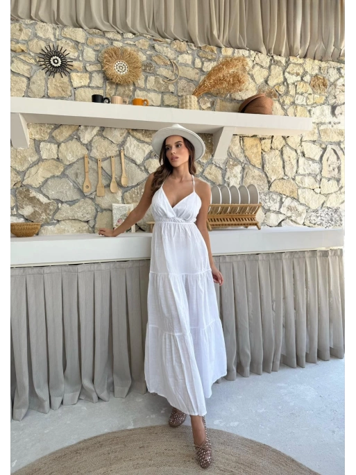 ASKILI SIRT DEKOLTE DETAY UZUN KETEN ELBİSE BEYAZ