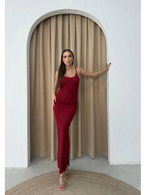 ASKILI YIRTMAÇLI UZUN TRİKO ELBİSE BORDO