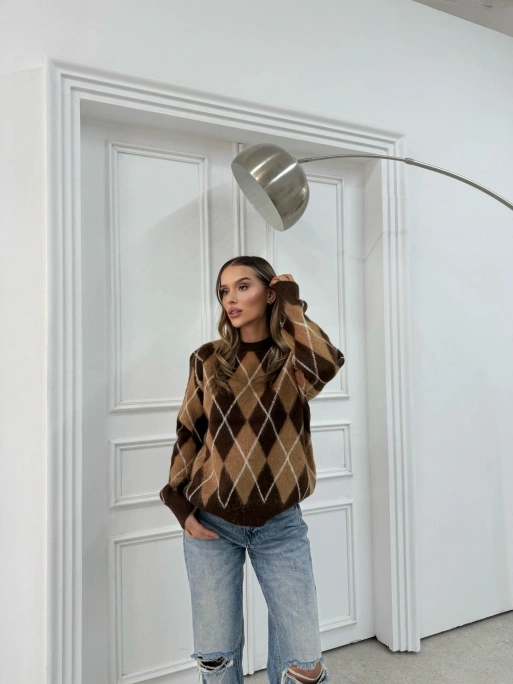 BAKLAVA DESEN BİSİKLET YAKA KAZAK KAHVE