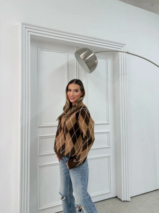 BAKLAVA DESEN BİSİKLET YAKA KAZAK KAHVE